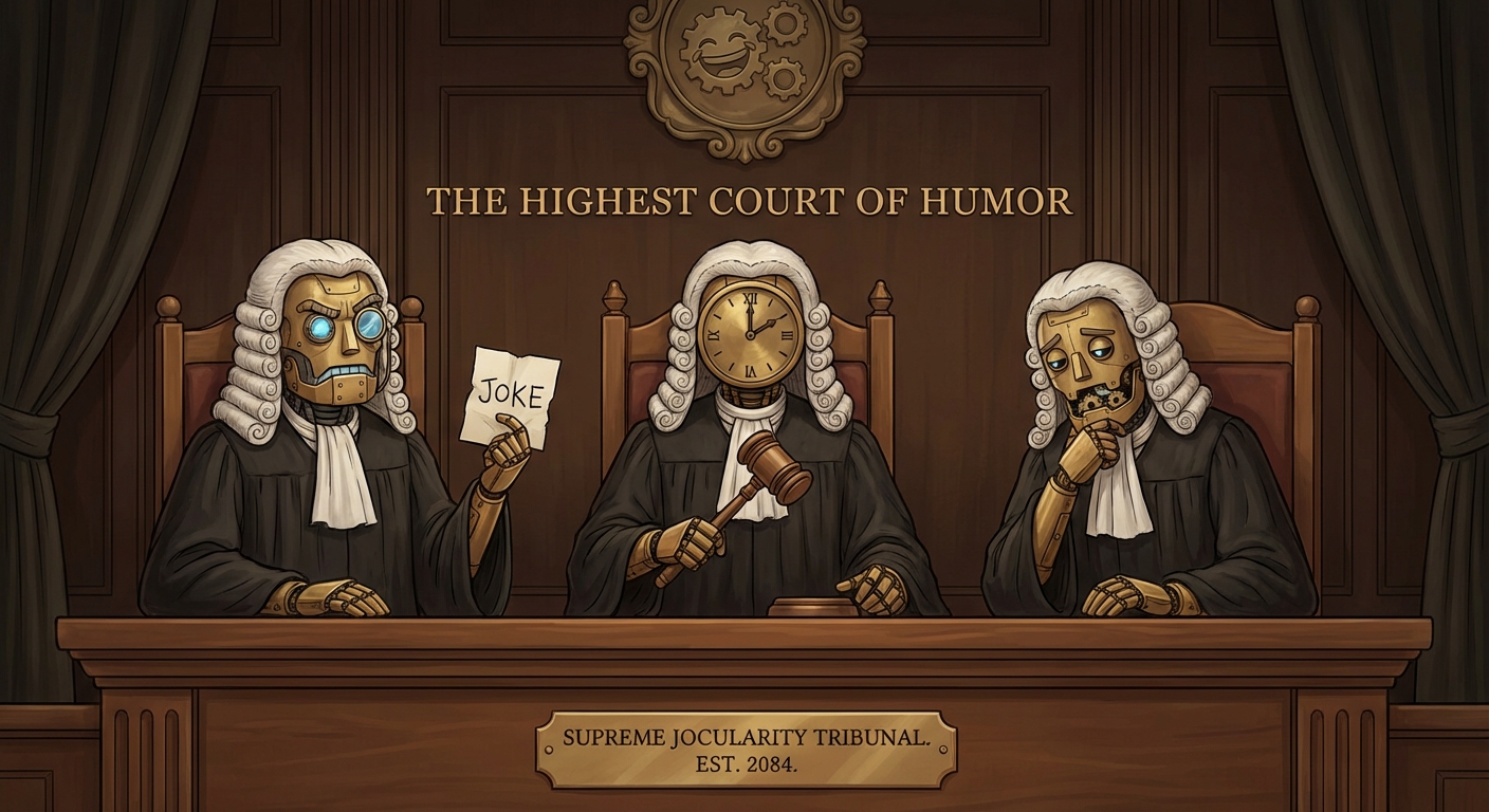 Robot judges deliberating on jokes