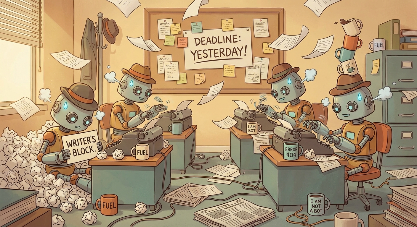 Robot writers frantically typing jokes